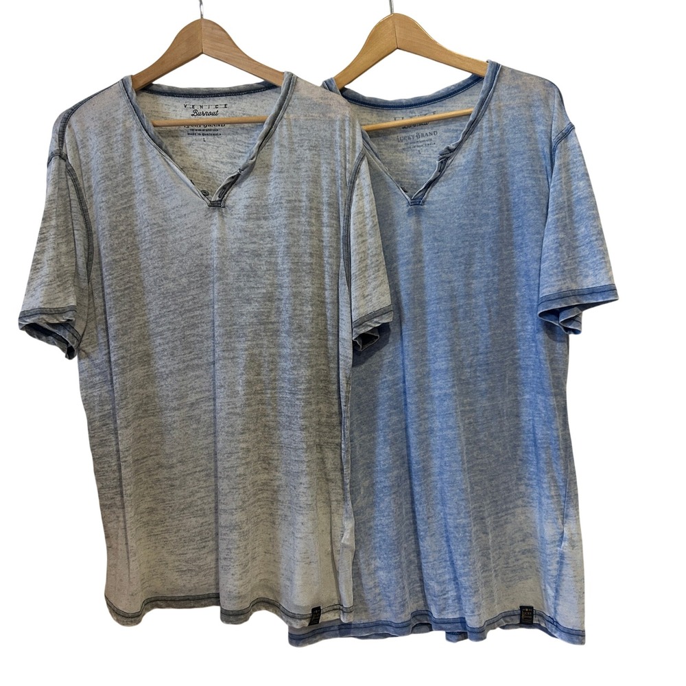 Lucky Brand T-Shirt Set of 2 Sz L Blue Grey Venice Burnout Henley Grunge Beach